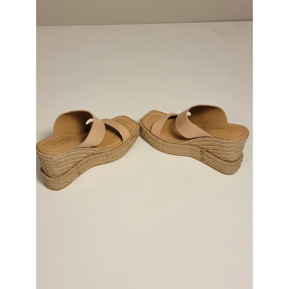 Paseart Made in Spain Nude Leather Espadrille Wedge Sandals Square Toe Slides